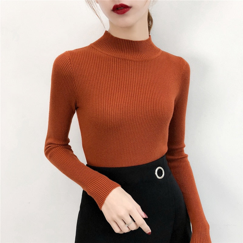 Womens Sweaters Orange Turtleneck Sweater Crop Plain Pullovers